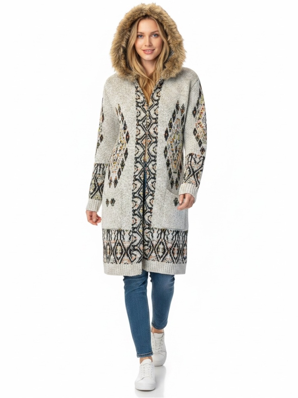 Southwestern Long Zipper Cardigan Sweater Hood Aztec Warm Faux Fur Pockets